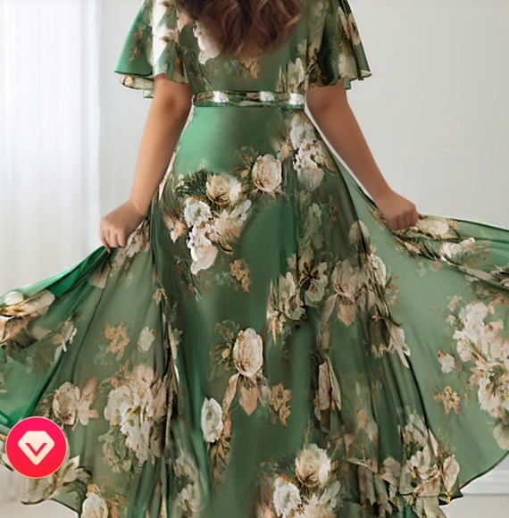 Plus Size Green Maxi Dress with Light Pink Floral Print